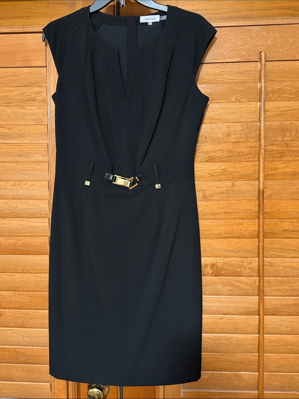 Calvin Klein Black Cap-Sleeve Sheath Dress with Gold Buckle and back zipper